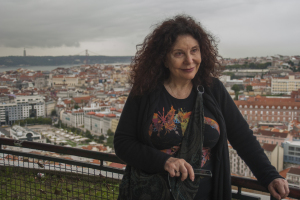 Karen overlooking Lisbon with Targus River in background