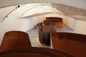 Double-ellipse and spiral sculpted forms that make up Richard Serra's "A Matter of Time" 
