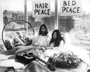  John Lennon and newfound wife, Yoko Ono held two week-long Bed-Ins for Peace, one at the Hilton Hotel in Amsterdam